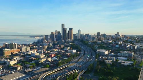 Seattle, Washington, United States. Aerial hyperlapse moving left to right towards Seattle skyline a