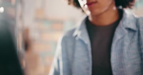 Laptop, typing and businessman in office with research for logistics, supply chain or distribution