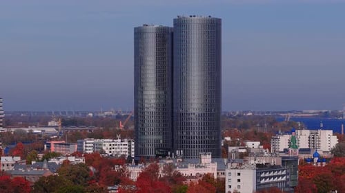 Aerial View of Riga Z Towers and Autumn Cityscape with River Port