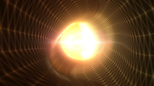 Abstract golden tunnel made of glowing wireframe lines radiating intense light and energy