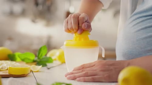 Zitrone, eine Europäerin presst Zitronensaft in der Küche eines Privathauses aus. Allgemeiner Winkel