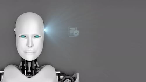 Futuristic Robot with Digital Security Interface and Data Protection Icons Against Gray Background f