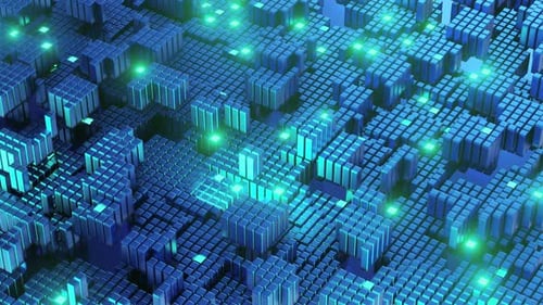 Digitales 3D-Stadtgitter in Blau in Cyan mit leuchtenden grünen Punkten, abstrakter Hintergrund von oben