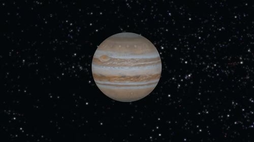 Planeta Júpiter se movendo através da nuvem de asteróides e do cosmos, perto da lua e satélite em órbita. 1554