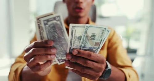 Man, hands and counting money in office for business, finance management or budget control