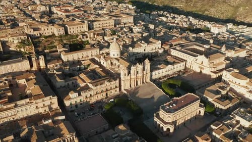 Aerial Drone View Of Sicilian Baroque Of The Noto Cathedral In Piazza del Municipio, Sicily Italy.