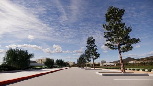 Paisaje urbano moderno con árboles y edificios bajo un cielo dinámico