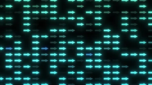 Glowing Blue Neon Arrow Blinking On Black Background. Digital Arrow High Tech Background