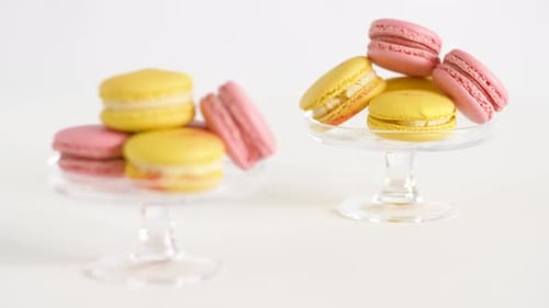 Colorful macarons on glass stands in studio setting