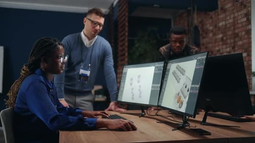 Diverse People Working in Projecting Department Discussing 3D CAD Model of New Object