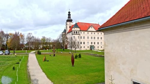 Revealing Nazi Euthanasia Centres, Hartheim Castle In Austria. Aerial Dolly Shot