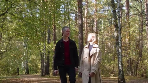 Junges Paar spaziert und redet an einem sonnigen Herbsttag in einem Wald