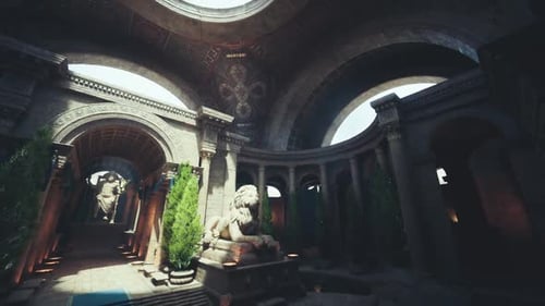 Historical Circular Building with Lush Planters and Intricate Stone Carvings