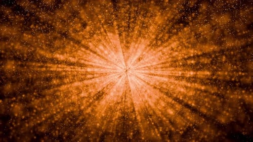 Glowing fiery particles with radial light rays on black background falling down seamless loop 3d