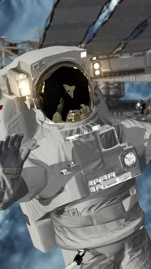 Astronaut Spacewalk, waving his hand in the open space.