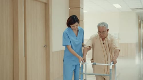 woman nurse caregiver assistance encourage take care her senior patient explain with positive keep.