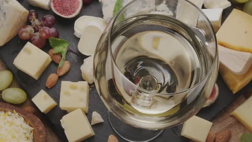 Delicious Cheese Board with White Wine Overhead Shot