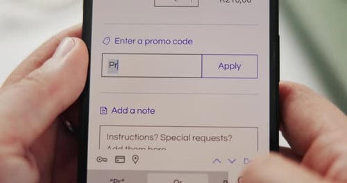 Phone screen, ecommerce or hands in house for retail, sale or store discount with promo code