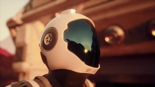 Astronaut läuft bei Sonnenuntergang in Dramatisch Zeitlupe an der futuristischen Marsbasis vorbei 6