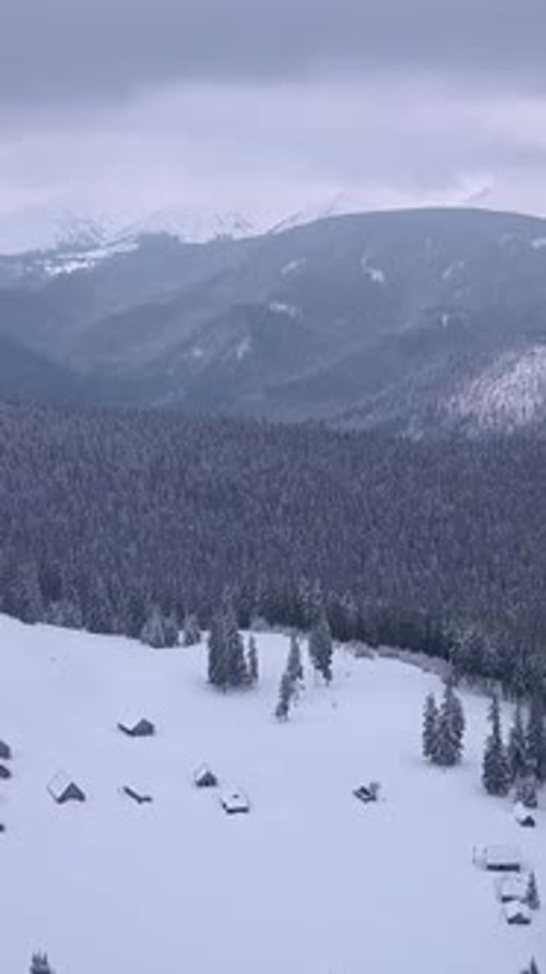 Aerial View of SnowCovered Pine Trees and Cabins in Tranquil Mountain Landscape at Sunrise