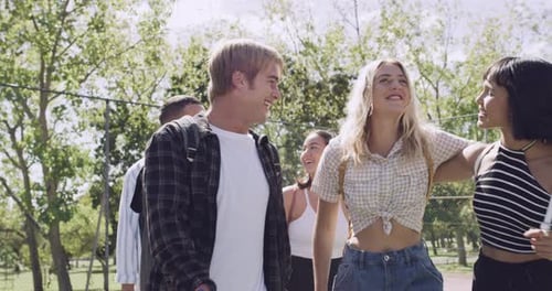4k video footage of a group of young friends going for a walk in an urban park