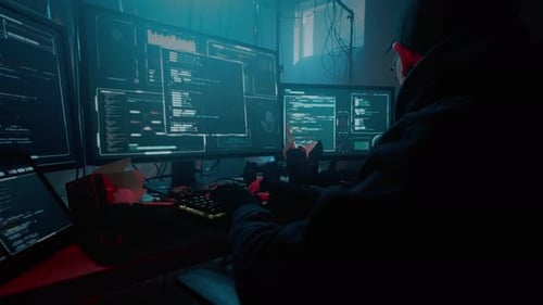 Programmer at Computer Typing Code in Dark Room