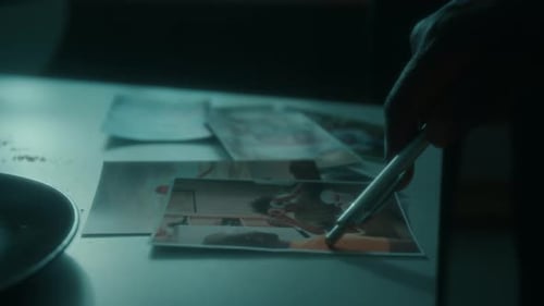 Investigator Examining Photographs on Desk with Pen