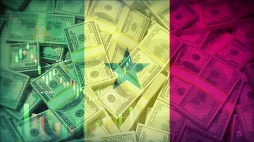 Senegal Flag On Economic Background With Decrease Bar Chart Graph And Arrow