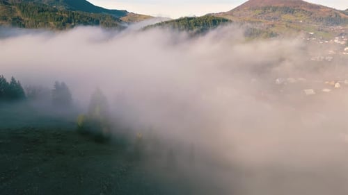 Aerial Foggy Morning Over Forest Countryside Landscape