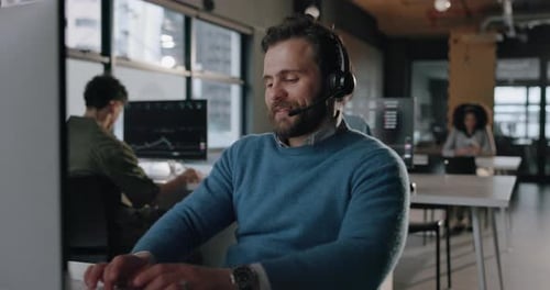 Call center, talking and business man in office for consulting, online help and contact