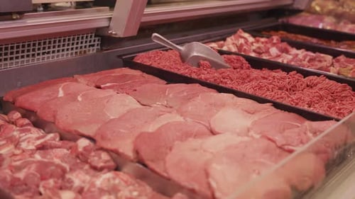 Slow tracking shot of a butcher shop display fridge of beef and lamb red meat cuts and mincemeat.