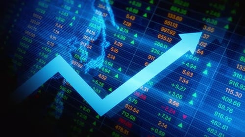 Global Stock Market Growth with Animated Financial Data and Rising Arrow