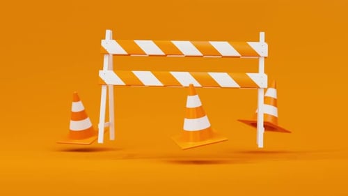 Schwimmende orangefarbene Verkehrskegel und Barriere auf orangefarbenem Hintergrund Sicherheitswarnung oder im Bau
