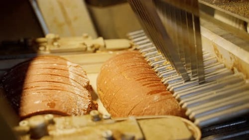 Long loaf cutting machine cuts bread at the bakery. Bread-slicer working close-up