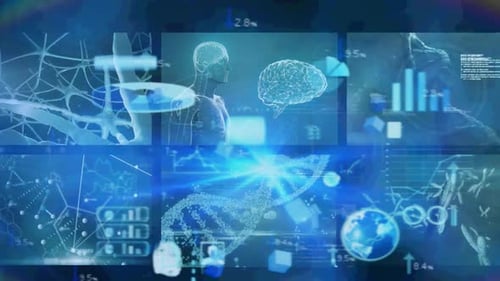 Animation of medical data processing on screens on blue background