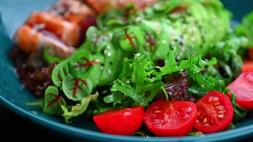 Delicious Salad with Salmon and Avocado Close Up
