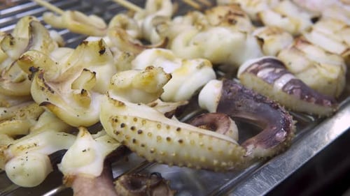 Octopus satay and squid satay at a night food market