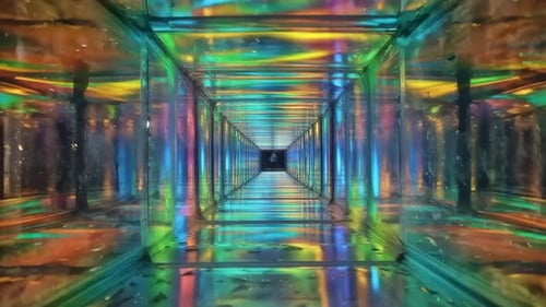 Abstract Neon Glass Tunnel Loop with Vibrant Rainbow Light R