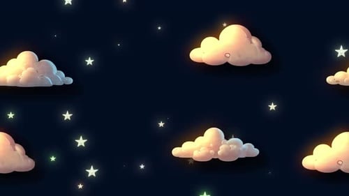 Wolken, die sich nachts bewegen, Zeichentrickanimationshintergrund mit leuchtenden Sternen., Zeichentrickwolken-Animation