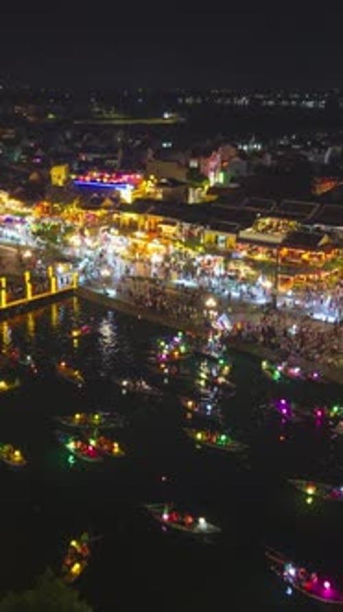 Hyperlapse of drone footage capturing the Hoi An Lantern Festival at night