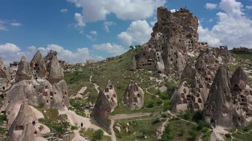 Aerial View of Natural Rock Formations Valley with Cave Houses in Cappadocia Turkey
