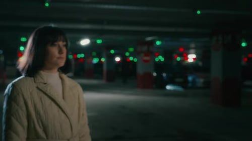 Caucasian Woman Walk at Empty Parking Lot Stand Stop Looking at Camera with Sad Serious Confident