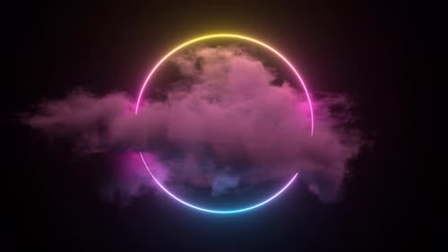 Abstract Neon light circular frame, illuminated storm clouds inside the circle. Loop background