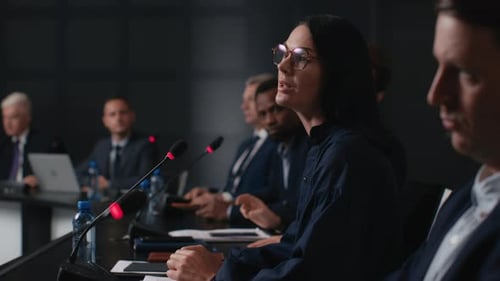 Panel of professionals seated at conference table speaking