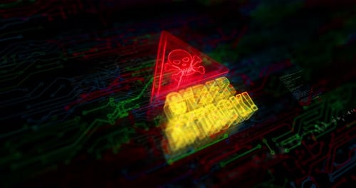 Cyber Attack Warning Sign with Neon Circuit Board Animation
