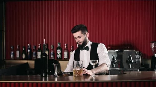 Bartender Mixing and Pouring Cocktail at Bar