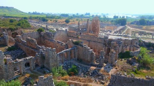 In This Captivating Aerial Stock Video the Remarkable Ruins of the Ancient City of Perge in