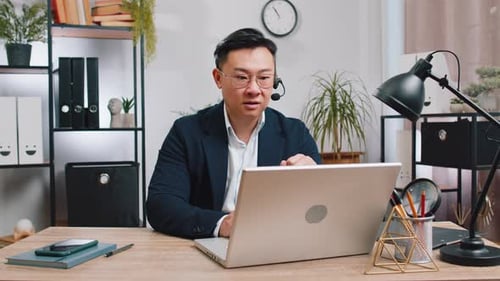 Businessman Freelance Worker Call Center Support Service Operator Helpline Having Talk with Client