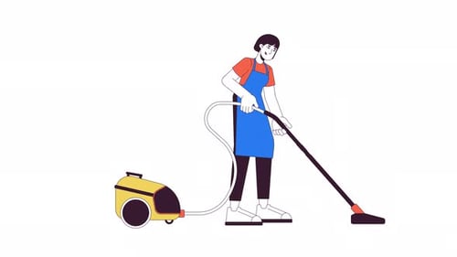 Animated Woman Vacuuming Floor Flat Design Illustration