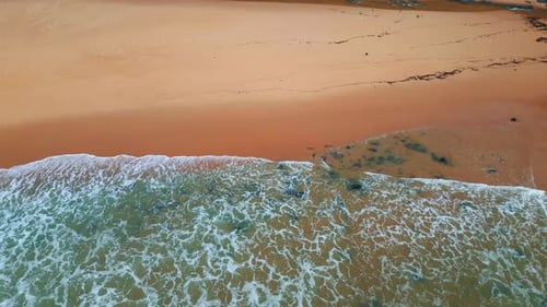 Foamy Surf Washing Sandy Coast at Gloomy Day Closeup Ocean Waves Rolling Beach